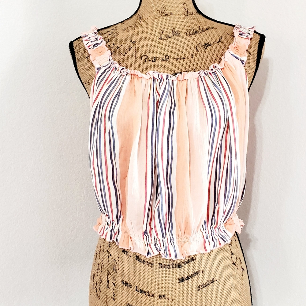 EN CREME Striped sleeveless top with elasticized waist festival boho vibe Large